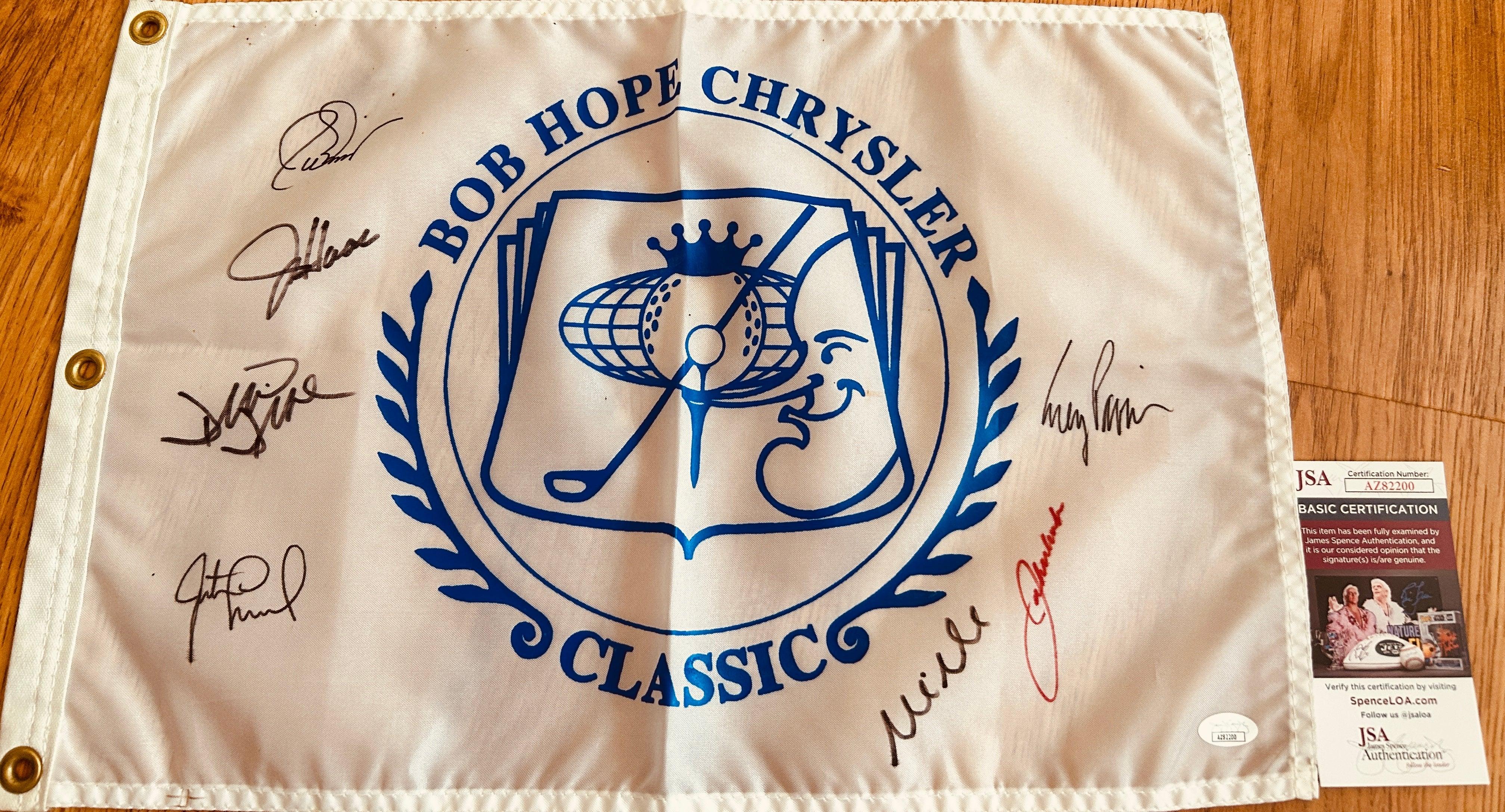 Bob Hope Chrysler Classic golf pin flag autographed by 7 winners David Duval Justin Leonard Corey Pavin Mike Weir JSA - AutographsForSale.com