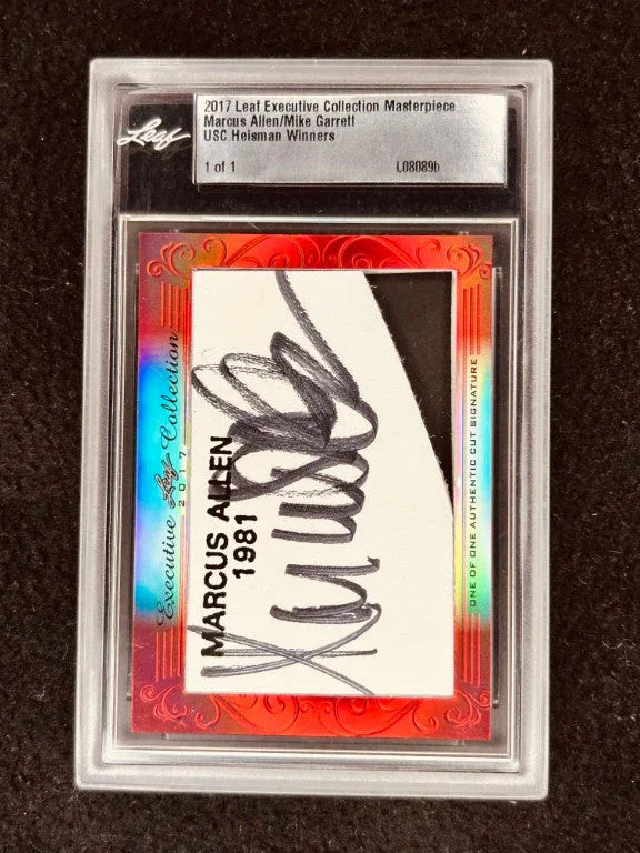 Marcus Allen & Mike Garrett 2017 Leaf Masterpiece Cut Signature certified signed card 1/1 JSA Heisman USC - AutographsForSale.com