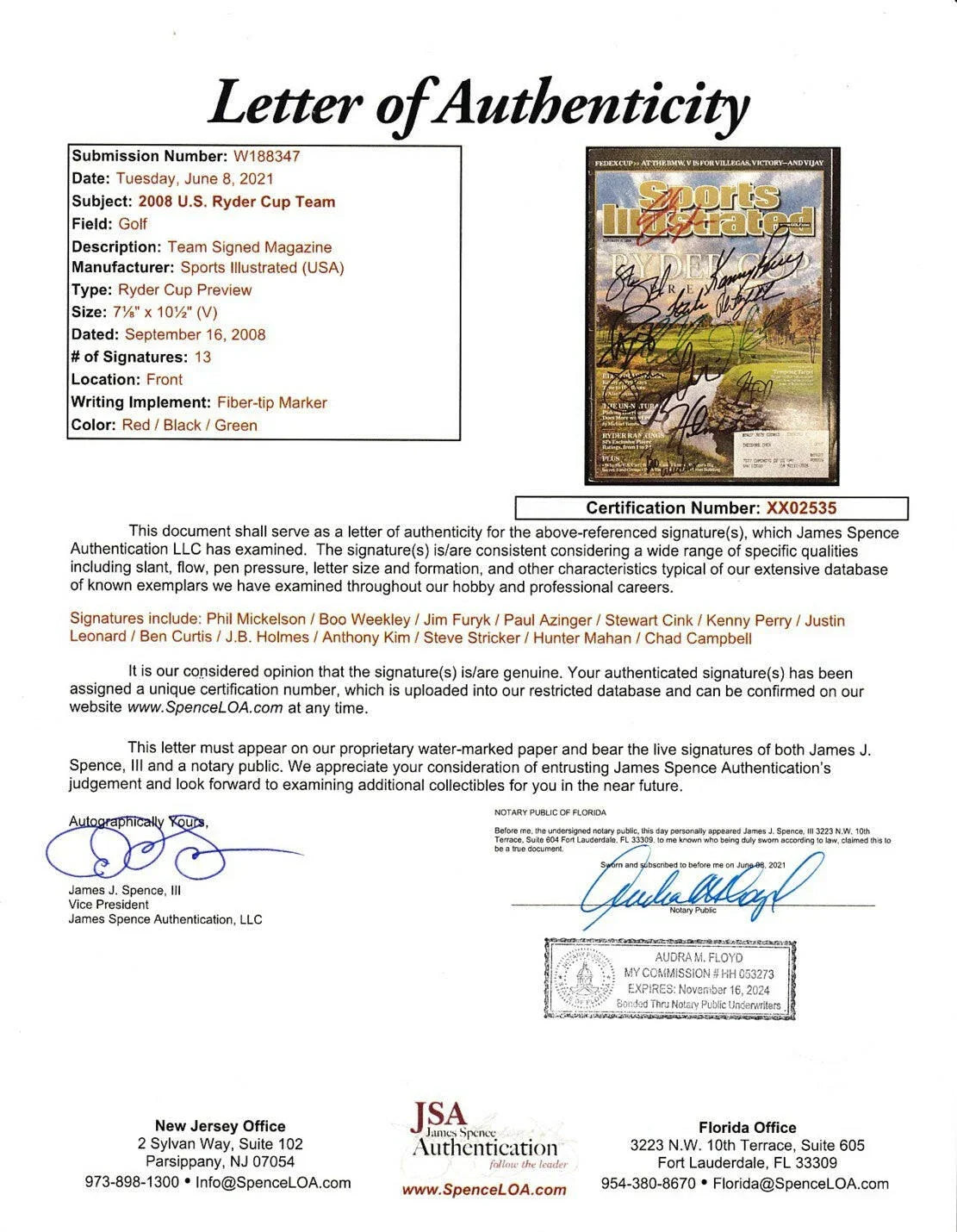 2008 US Ryder Cup team autographed Sports Illustrated Paul Azinger Jim Furyk Justin Leonard Phil Mickelson JSA - AutographsForSale.com