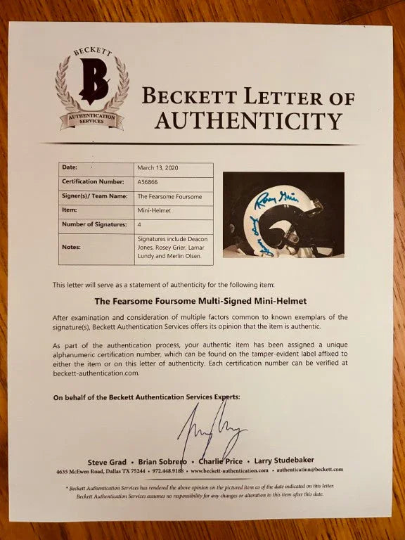Fearsome Foursome Deacon Jones Lamar Lundy Merlin Olsen Rosey Grier autographed Rams mini helmet BAS - AutographsForSale.com