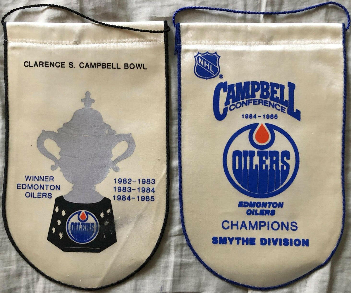 2 Edmonton Oilers 1984-85 mini NHL Banners Wayne Gretzky Mark Messier - AutographsForSale.com
