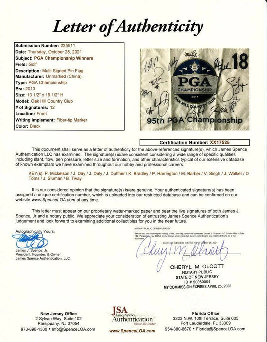 2013 PGA Championship golf pin flag autographed by 12 winners Jason Day John Daly Phil Mickelson JSA - AutographsForSale.com
