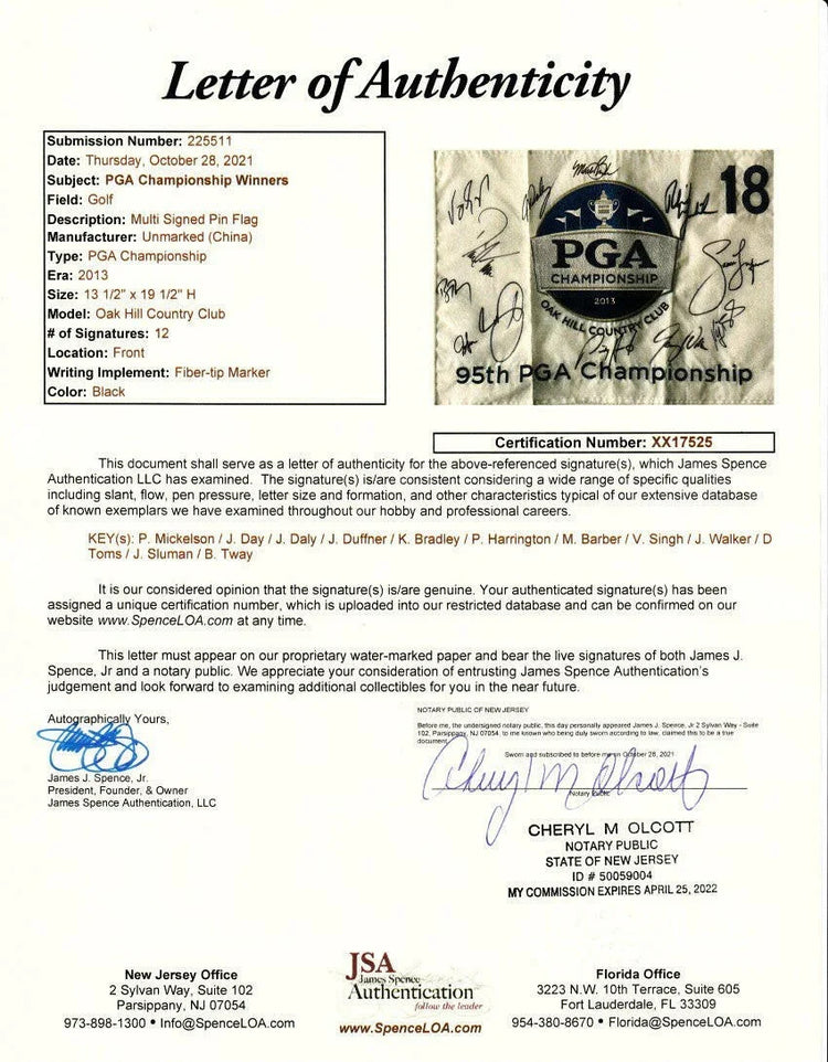 2013 PGA Championship golf flag signed by 12 winners Jason Day John Daly Phil Mickelson JSA - AutographsForSale.com
