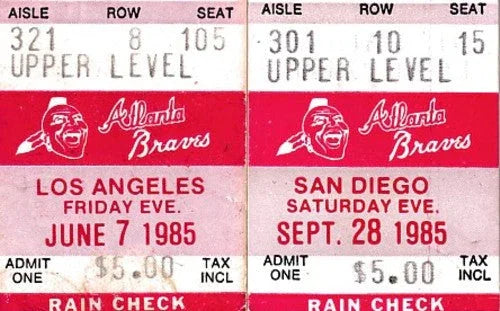 2 1985 Atlanta Braves ticket stubs vs Dodgers & Padres - AutographsForSale.com