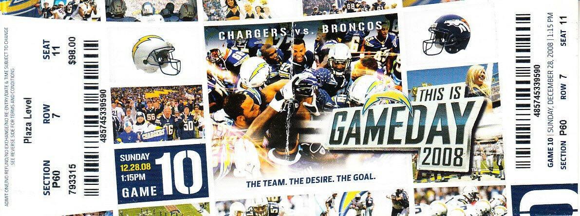 2008 SD Chargers vs Broncos ticket LaDainian Tomlinson 3 Tds - AutographsForSale.com