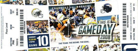 2008 SD Chargers vs Broncos ticket LaDainian Tomlinson 3 Tds - AutographsForSale.com