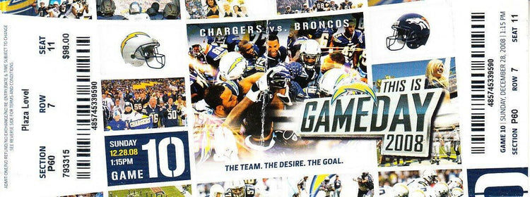 2008 SD Chargers vs Broncos ticket LaDainian Tomlinson 3 Tds - AutographsForSale.com