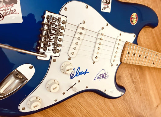 Cheech Marin Tommy Chong signed blue Fender electric guitar JSA - AutographsForSale.com