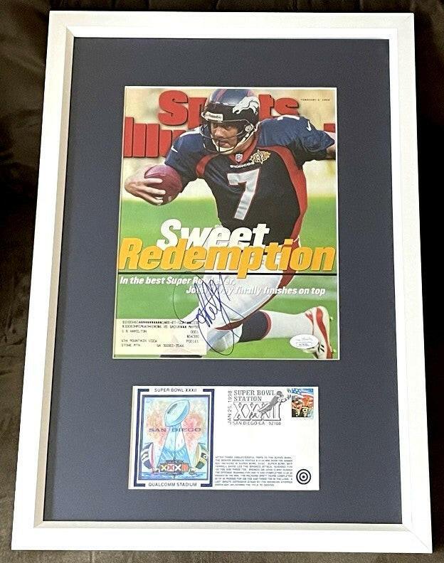 John Elway signed Broncos Super Bowl 32 Sports Illustrated cover framed cachet JSA - AutographsForSale.com