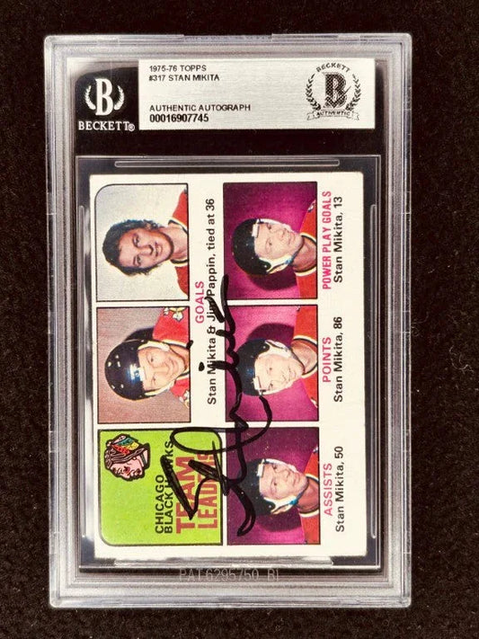 Stan Mikita autographed Chicago Blackhawks 1975-76 Topps team Leaders card BAS - AutographsForSale.com