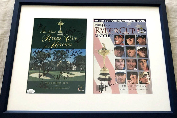 1999 US Ryder Cup team signed program covers framed JSA Tiger Woods - AutographsForSale.com