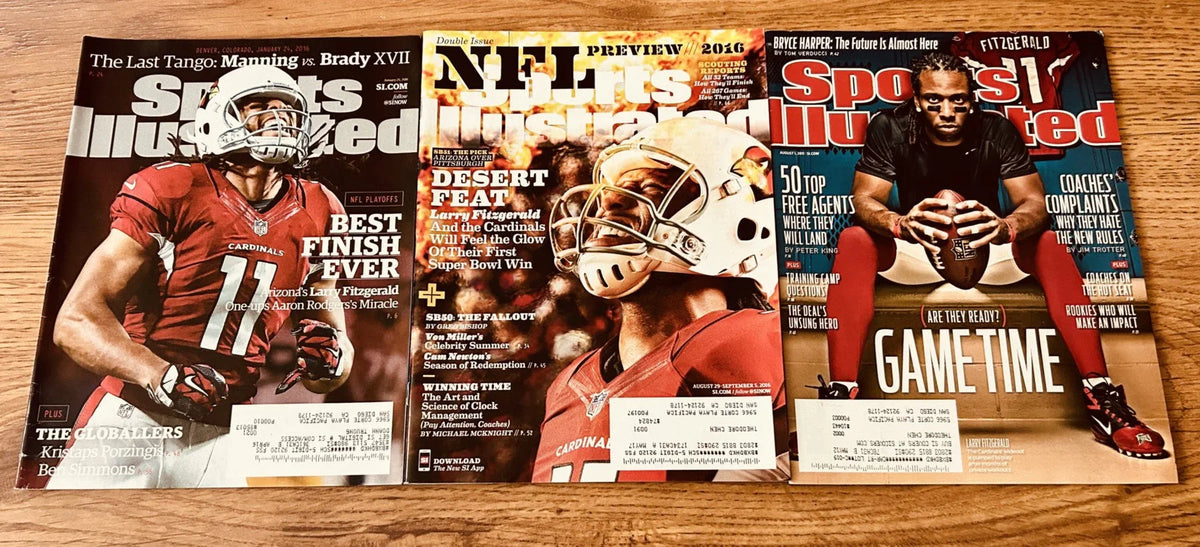 3 Larry Fitzgerald Arizona Cardinals 2011 and 2016 Sports Illustrated magazines - AutographsForSale.com