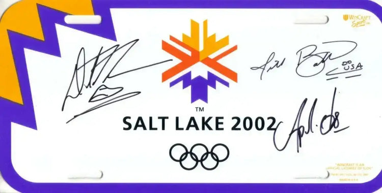 Apolo Anton Ohno Derek Parra Jill Bakken signed 2002 Salt Lake City Winter Olympics license plate - AutographsForSale.com