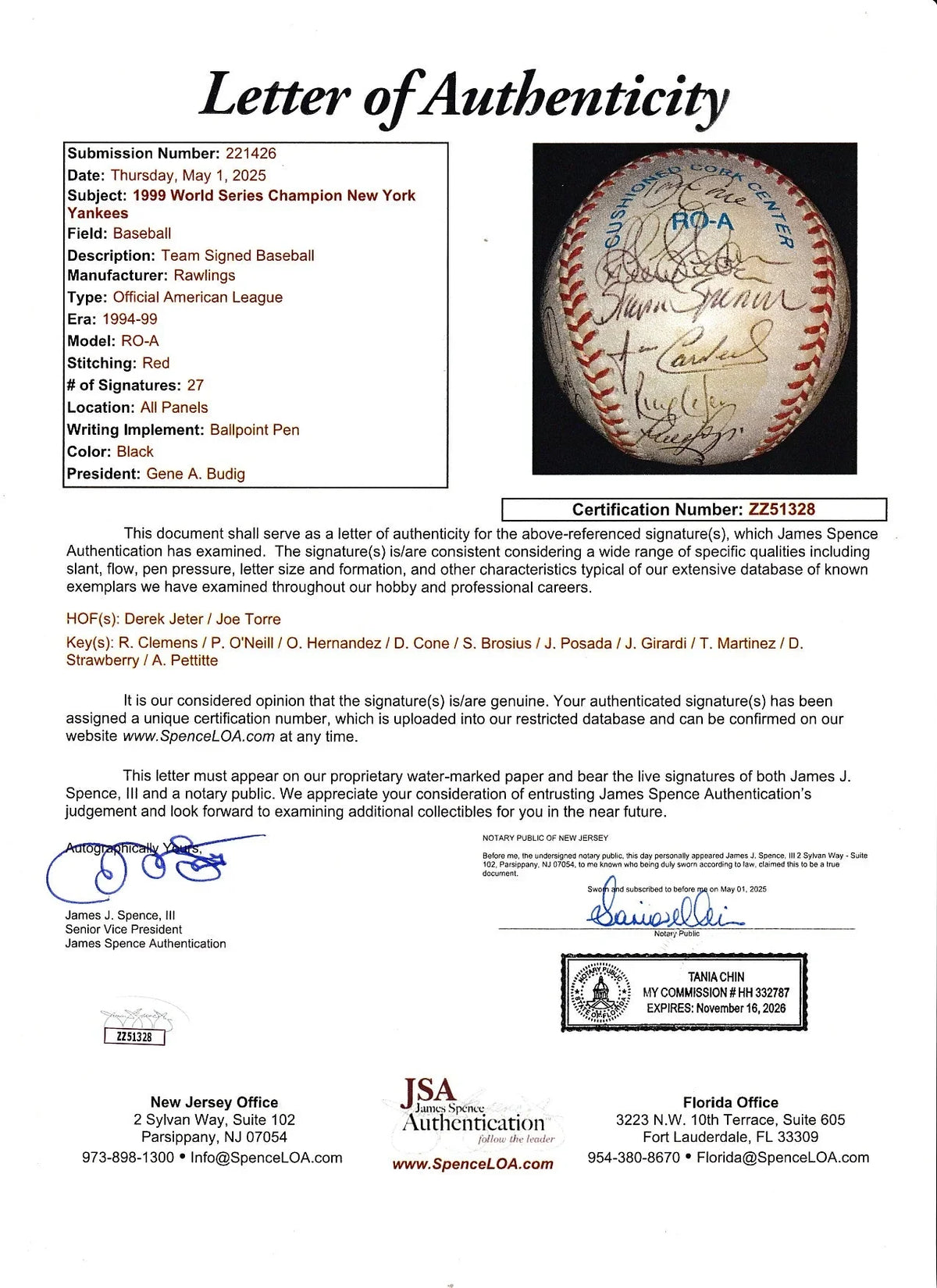 1999 Yankees World Champions team autographed AL basebal Derek Jeter JSA - AutographsForSale.com