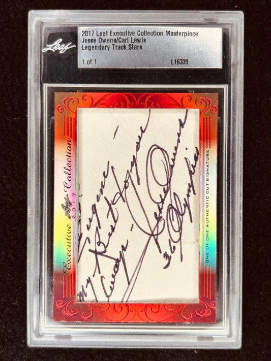Jesse Owens and Carl Lewis 2017 Leaf Masterpiece Cut Signature certified autograph card 1/1 JSA - AutographsForSale.com