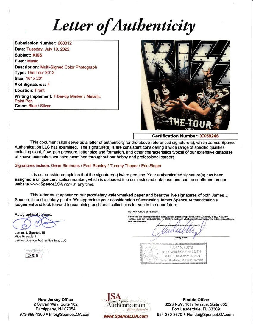 KISS full group signed 2012 tour poster framed Gene Simmons Paul Stanley JSA - AutographsForSale.com