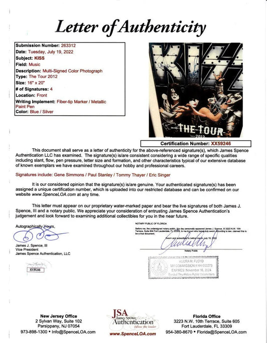 KISS full group signed 2012 tour poster framed Gene Simmons Paul Stanley JSA - AutographsForSale.com