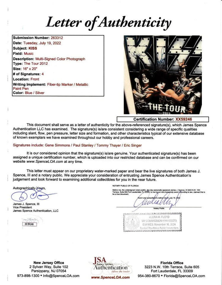 KISS full group signed 2012 tour poster framed Gene Simmons Paul Stanley JSA - AutographsForSale.com