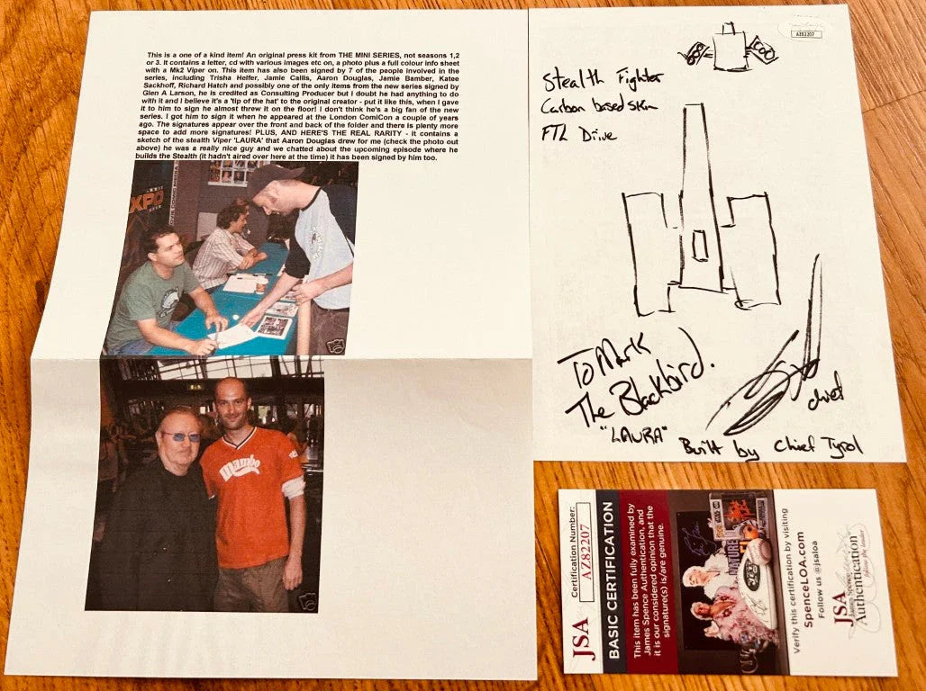 Aaron Douglas autographed Battlestar Galactica Viper sketch inscribed JSA - AutographsForSale.com