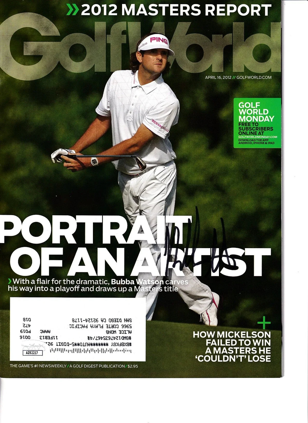 Bubba Watson autographed 2012 Masters Golf World issue JSA - AutographsForSale.com