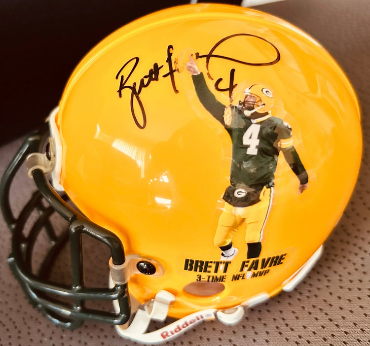 Brett Favre signed 3-Time NFL MVP Super Bowl 31 mini helmet JSA Packers - AutographsForSale.com