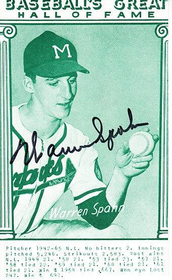 Warren Spahn signed 1977 Baseball Hall of Fame Exhibit card - AutographsForSale.com