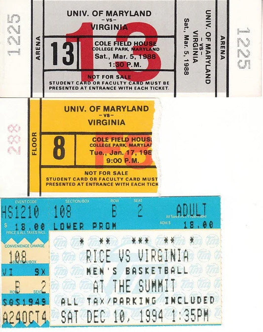 Virginia Cavaliers basketball 3 vintage road game tickets - AutographsForSale.com