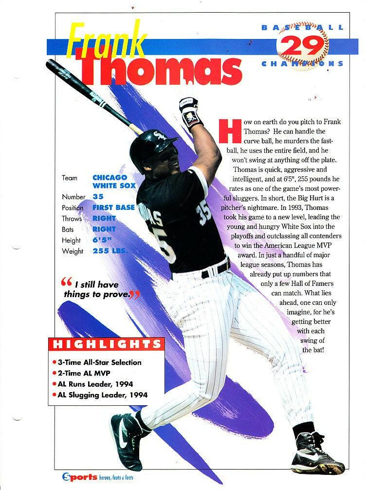 Frank Thomas Chicago White Sox 1994 Sports Heroes album page - AutographsForSale.com