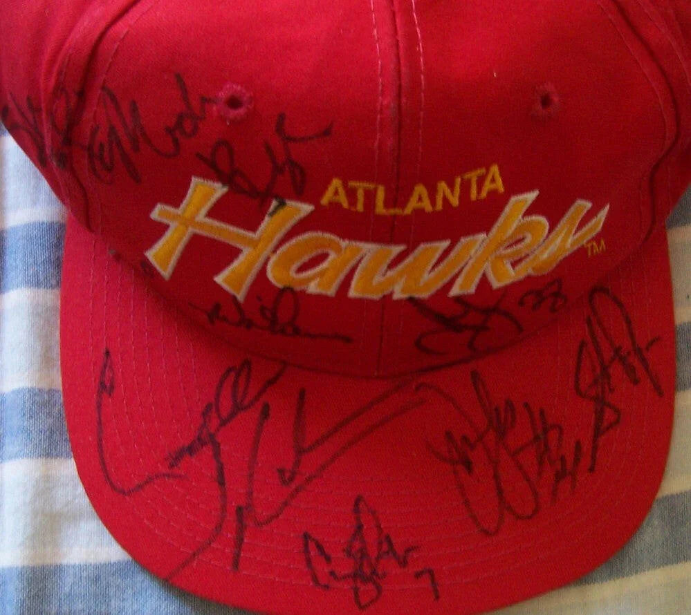 1994-95 Atlanta Hawks team signed cap Stacey Augmon Mookie Blaylock Steve Smith Lenny Wilkens - AutographsForSale.com