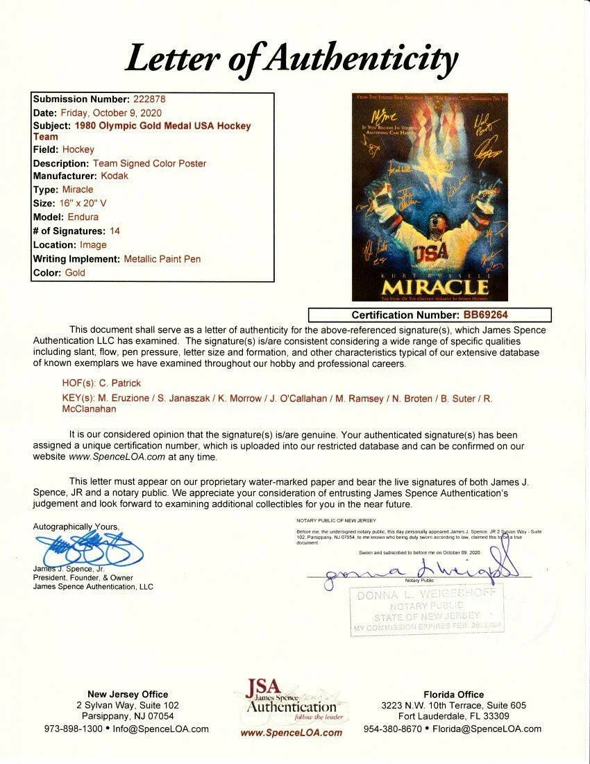 1980 Miracle on Ice USA Olympic Hockey Team autographed 16x20 movie poster print framed JSA - AutographsForSale.com