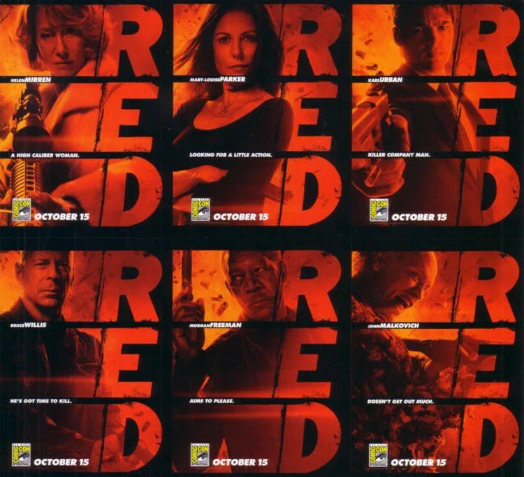Red Movie 2010 SDCC Uncut 6 card set Morgan Freeman Bruce Willis Karl Urban John Malkovich Helen Mirren - AutographsForSale.com