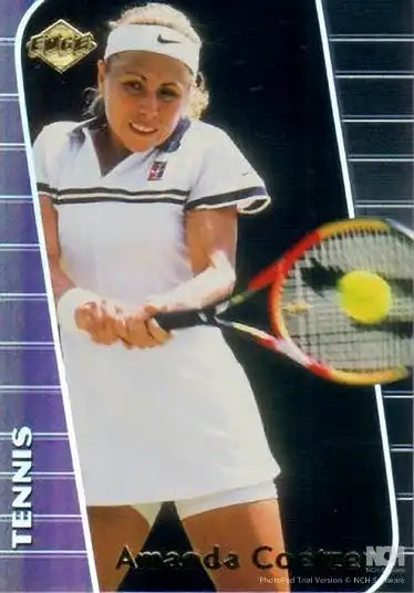 Female tennis player in white outfit swinging racquet on collector trading card