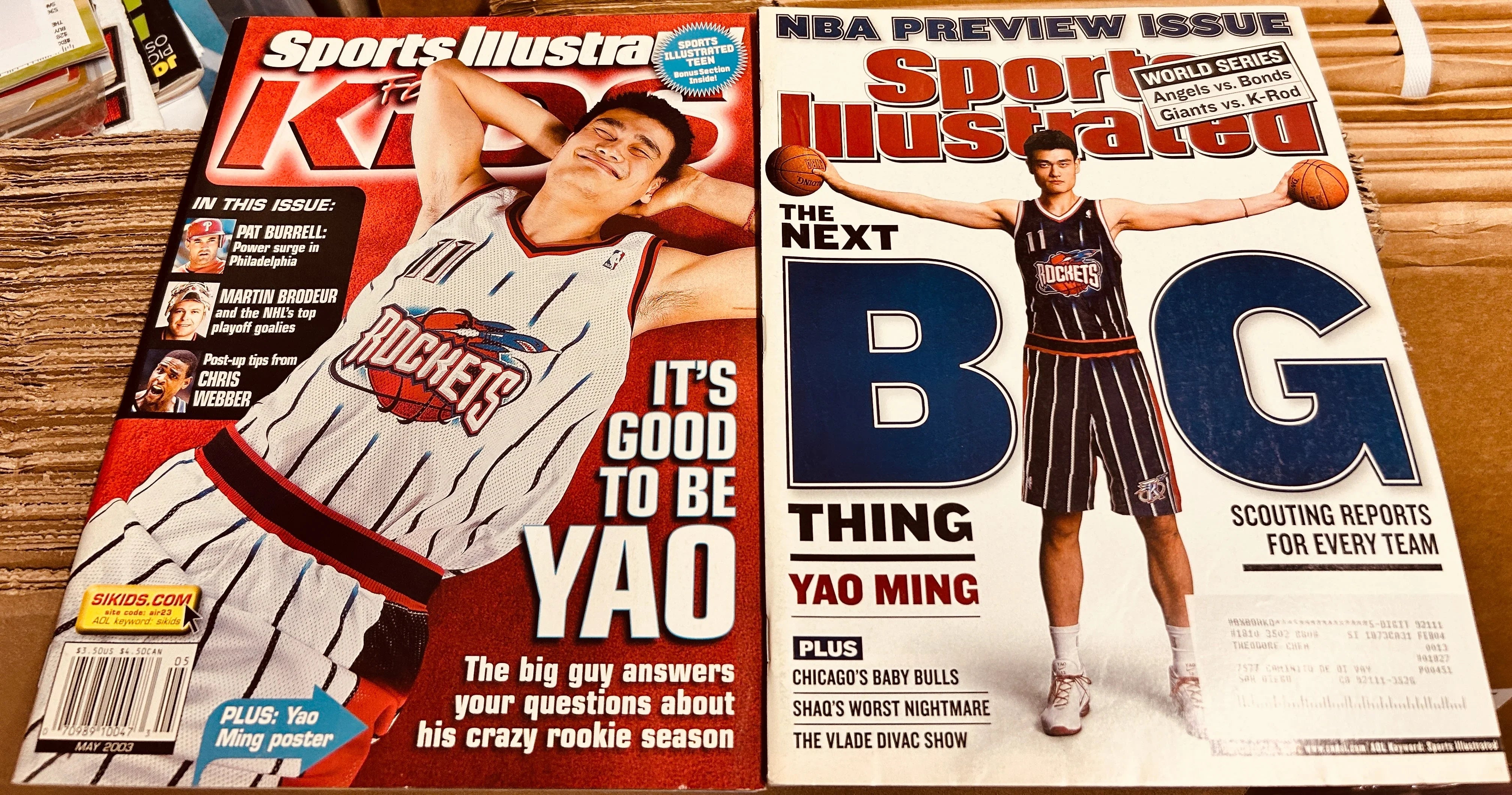 Yao Ming Houston Rockets 2002 Sports Illustrated and 2003 SI for Kids magazines - AutographsForSale.com