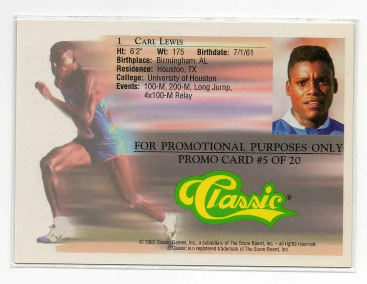 Carl Lewis 1992 Classic World Class Athletes Life in Fast Lane promo card - AutographsForSale.com