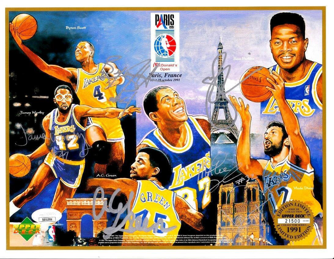 1991-92 Los Angeles Lakers team autographed Upper Deck card sheet Magic Johnson James Worthy JSA - AutographsForSale.com