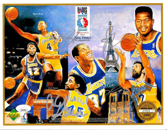 1991-92 Los Angeles Lakers team autographed Upper Deck card sheet Magic Johnson James Worthy JSA - AutographsForSale.com