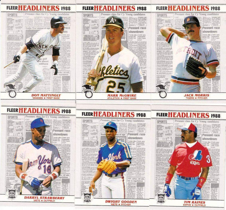 1988 Fleer Headliners 6 insert card set Don Mattingly Mark McGwire Tim Raines - AutographsForSale.com