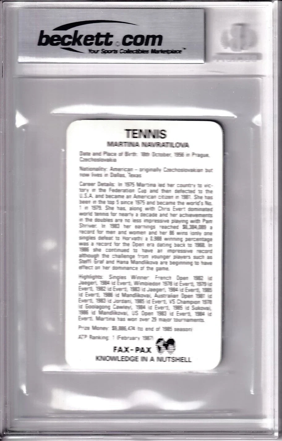Martina Navratilova autographed 1987 Fax Pax tennis card BAS slabbed - AutographsForSale.com
