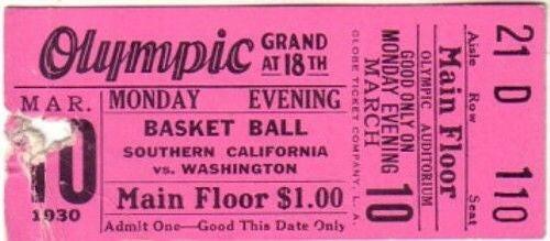 1930 USC Trojans vs. Washington Huskies college basketball ticket stub - AutographsForSale.com