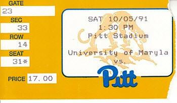 1991 Pittsburgh Panthers vs. Maryland Terrapins football ticket stub (Sean Gilbert) - AutographsForSale.com