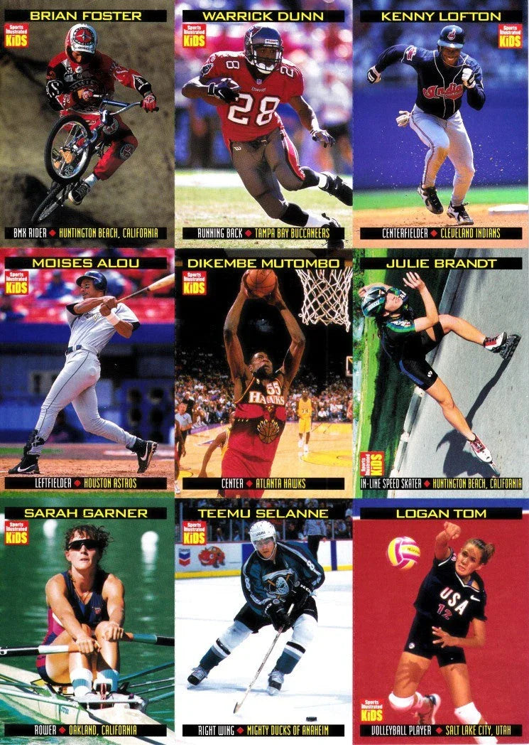 Logan Tom RC Dikembe Mutombo Teemu Selanne Kenny Lofton 1998 Sports Illustrated for Kids 9 card sheet - AutographsForSale.com