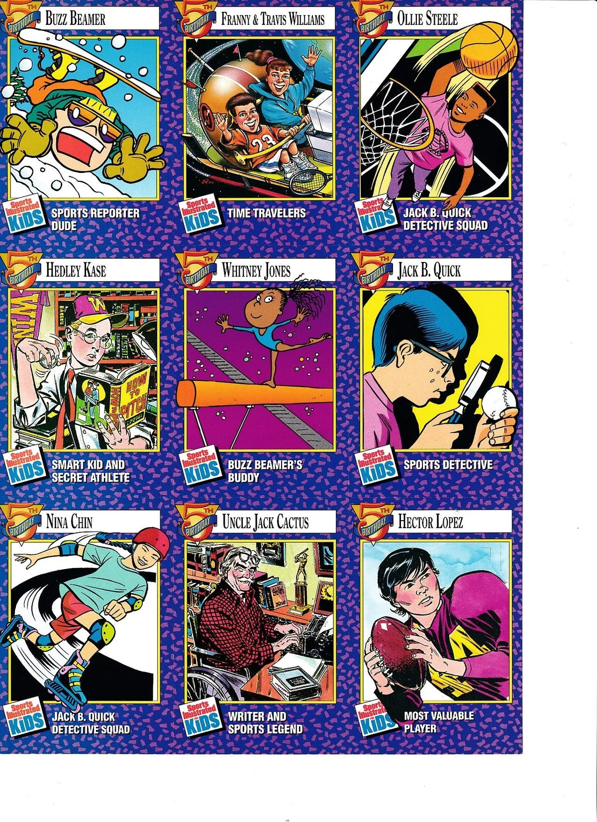 Buzz Beamer Nina Chin Jack B. Quick 1994 SI for Kids card sheet - AutographsForSale.com
