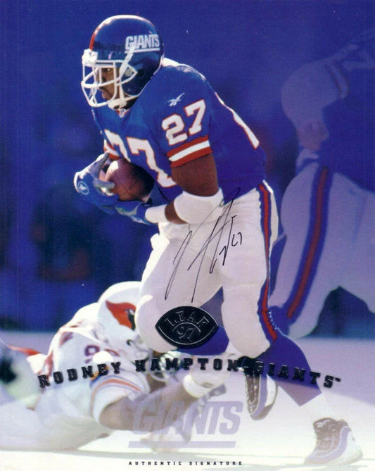 Rodney Hampton certified signed NY Giants 1997 Leaf 8x10 card - AutographsForSale.com
