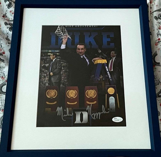 Mike Coach K Krzyzewski signed Duke Blue Devils 4 Titles photo framed JSA - AutographsForSale.com