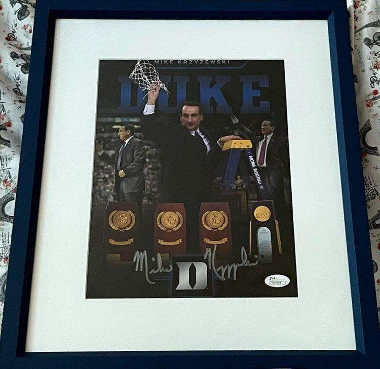 Mike Coach K Krzyzewski signed Duke Blue Devils 4 Titles photo framed JSA - AutographsForSale.com
