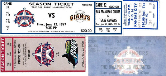 4 Texas Rangers 1988 1997 1998 home game ticket stubs - AutographsForSale.com