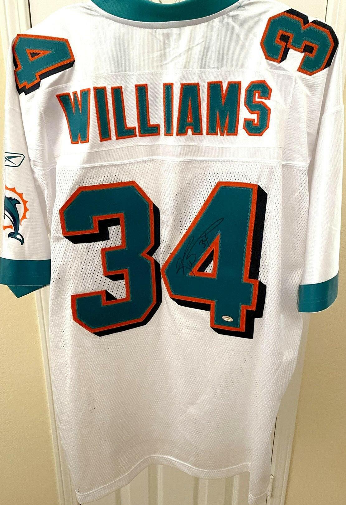 Ricky Williams signed Dolphins Reebok white jersey SCHWARTZ - AutographsForSale.com