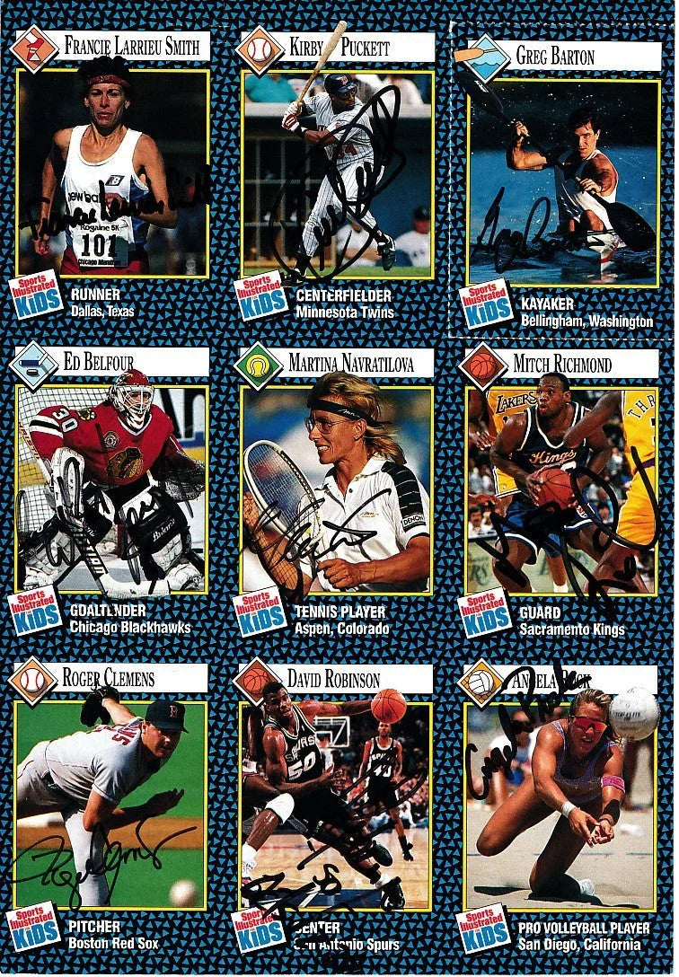 Autographed 1992 SI for Kids card sheet Kirby Puckett David Robinson Roger Clemens Martina Navratilova JSA - AutographsForSale.com