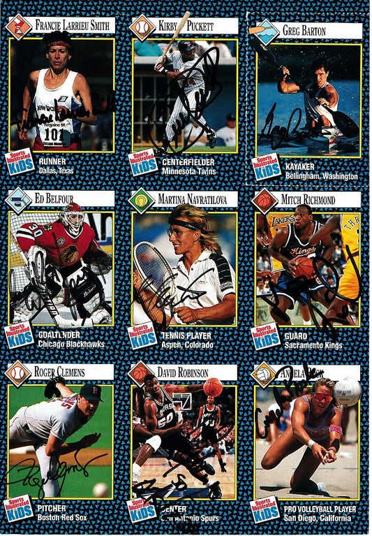 Autographed 1992 SI for Kids card sheet Kirby Puckett David Robinson Roger Clemens Martina Navratilova JSA - AutographsForSale.com