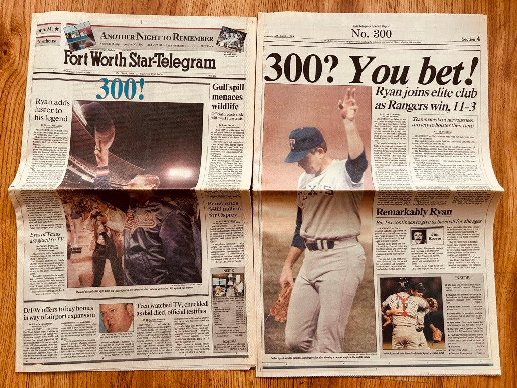 Nolan Ryan Texas Rangers 300th Win August 1990 Fort Worth Star-Telegram newspaper - AutographsForSale.com